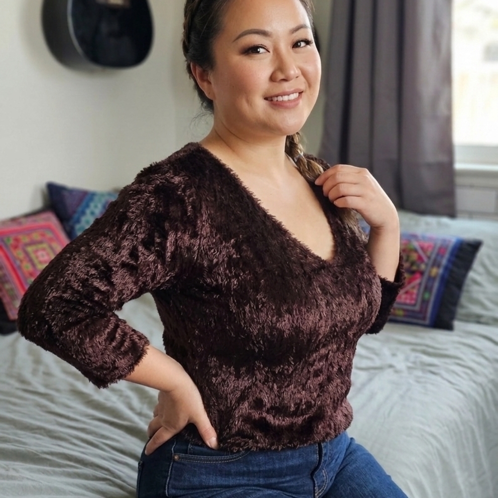 Elegant Chocolate Fuzzy V-Neck Blouse